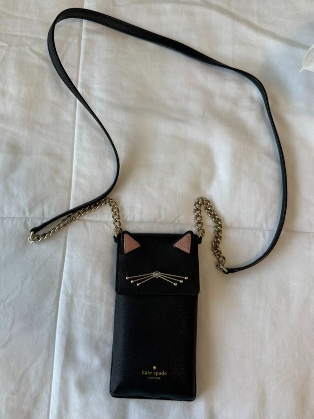 Kate Spade Black Cat Leather Crossbody Phone Bag with Chain-and-Leather Strap